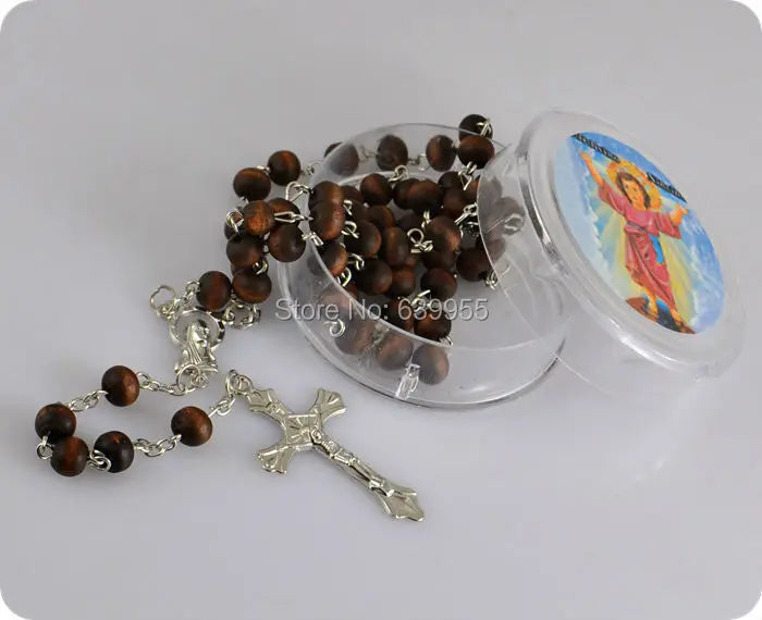Rose Scented Wood Rosary Beads with INRI JESUS Cross Pendant – Catholic Prayer Jewelry