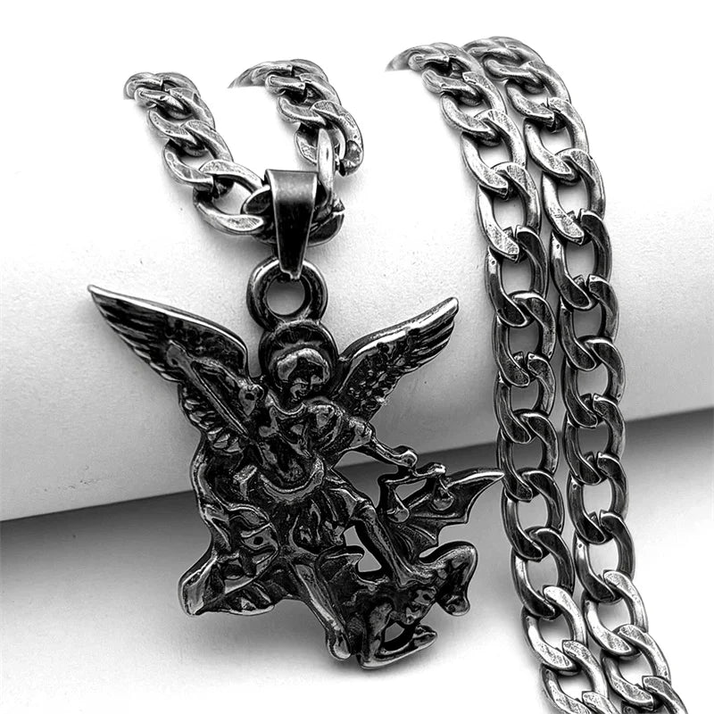 Archangel St. MICHAEL PROTECT US Gold Choker Necklace - Archangel Prayer Stainless Steel Pendant (Unisex Religious Jewelry)