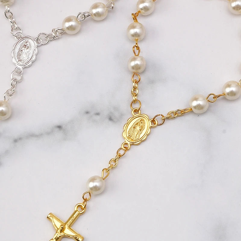 Chain Rosary - Finger Baptism Rosaries Faux Pearls - Bracelet for Baptism Christening