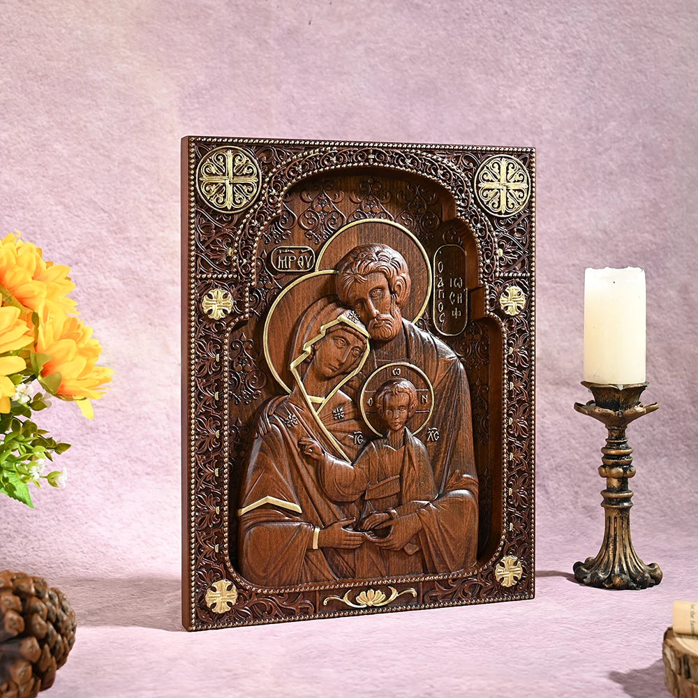 Holy Family Nativity Wood Carving – Byzantine Icon, Jesus Home Decor Hanging Plaque, Christian Christmas Decoration