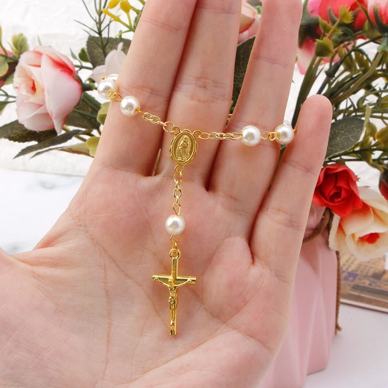 Chain Rosary - Finger Baptism Rosaries Faux Pearls - Bracelet for Baptism Christening