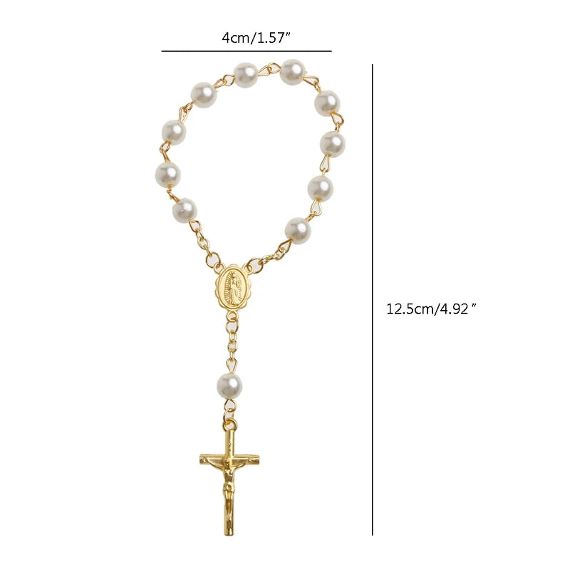 Chain Rosary - Finger Baptism Rosaries Faux Pearls - Bracelet for Baptism Christening