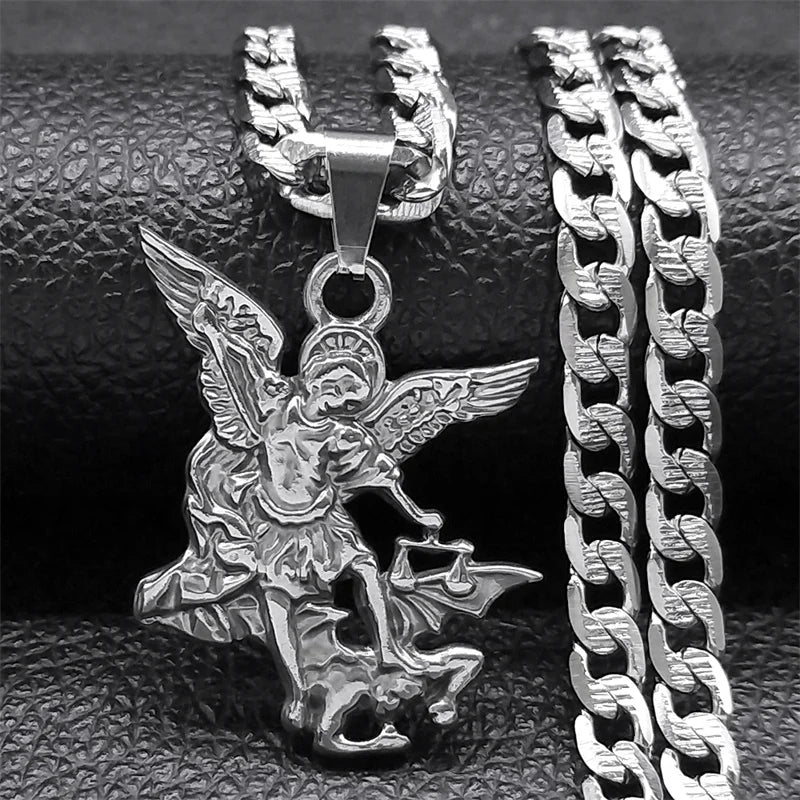 Archangel St. MICHAEL PROTECT US Gold Choker Necklace - Archangel Prayer Stainless Steel Pendant (Unisex Religious Jewelry)