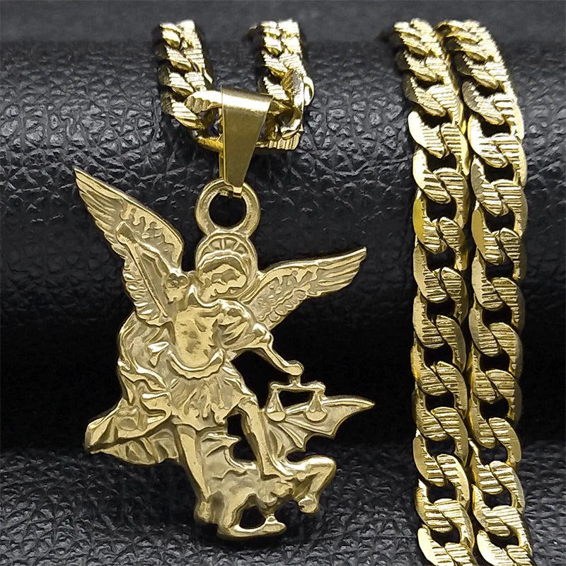 Archangel St. MICHAEL PROTECT US Gold Choker Necklace - Archangel Prayer Stainless Steel Pendant (Unisex Religious Jewelry)