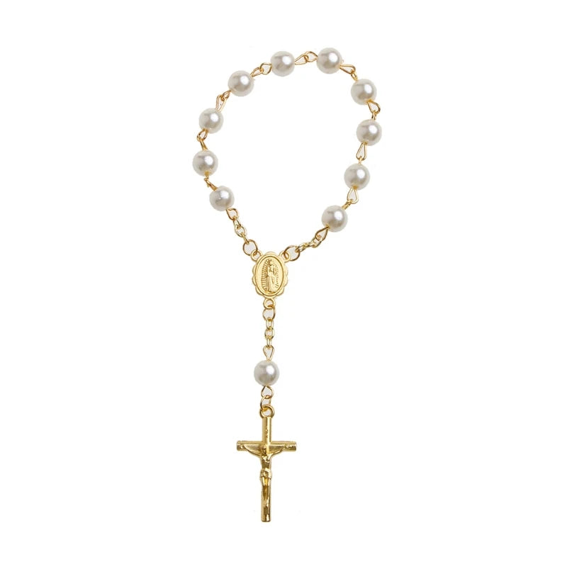 Chain Rosary - Finger Baptism Rosaries Faux Pearls - Bracelet for Baptism Christening