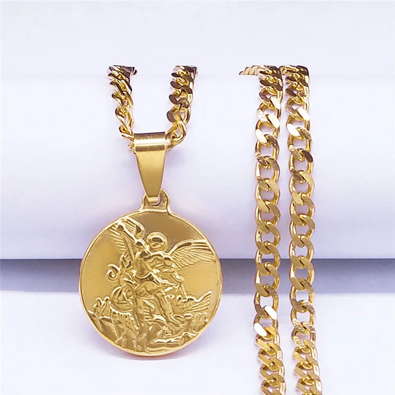 Archangel Saint Michael Stainless Steel Necklace - Gold Pendant - Unisex Religious Jewelry.