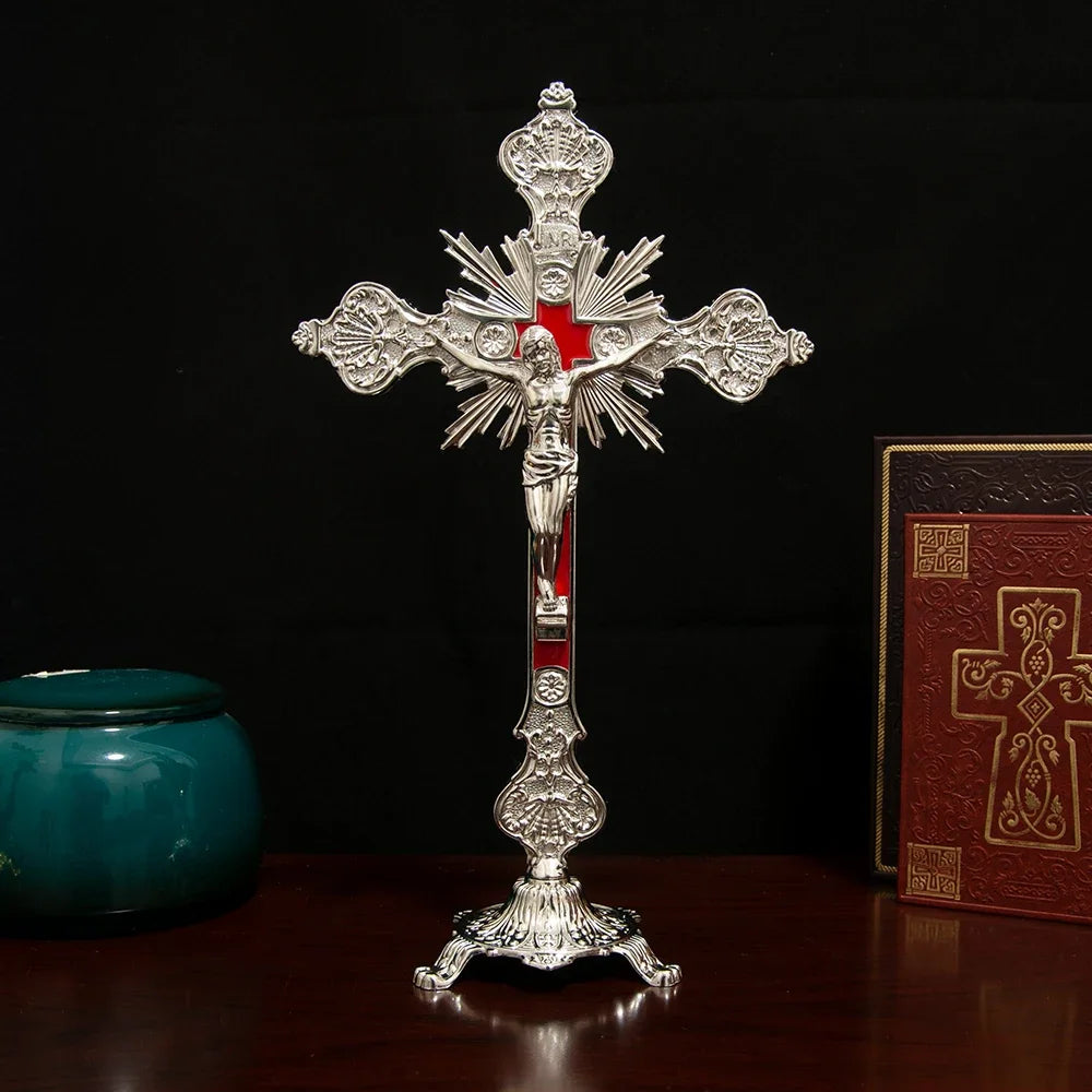 Exquisite Catholic Cross Church Ornament – Handcrafted Alloy Statue of Jesus – Perfect Home & Room Decoration