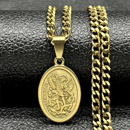 Archangel Saint Michael Stainless Steel Necklace - Gold Pendant - Unisex Religious Jewelry.