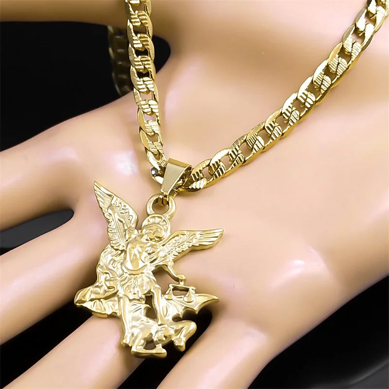 Archangel St. MICHAEL PROTECT US Gold Choker Necklace - Archangel Prayer Stainless Steel Pendant (Unisex Religious Jewelry)