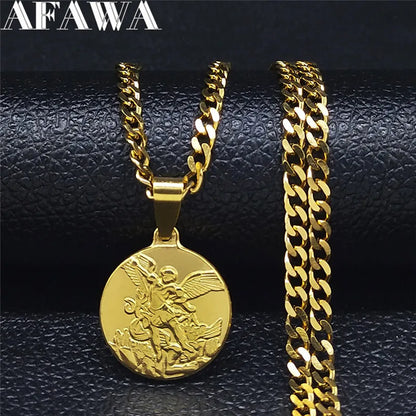Archangel Saint Michael Stainless Steel Necklace - Gold Pendant - Unisex Religious Jewelry.