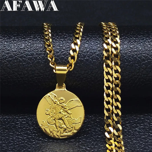 Archangel Saint Michael Stainless Steel Necklace - Gold Pendant - Unisex Religious Jewelry.