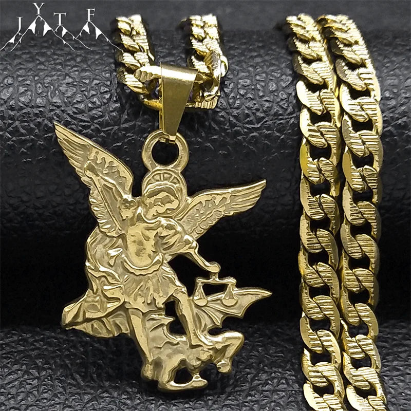Archangel St. MICHAEL PROTECT US Gold Choker Necklace - Archangel Prayer Stainless Steel Pendant (Unisex Religious Jewelry)