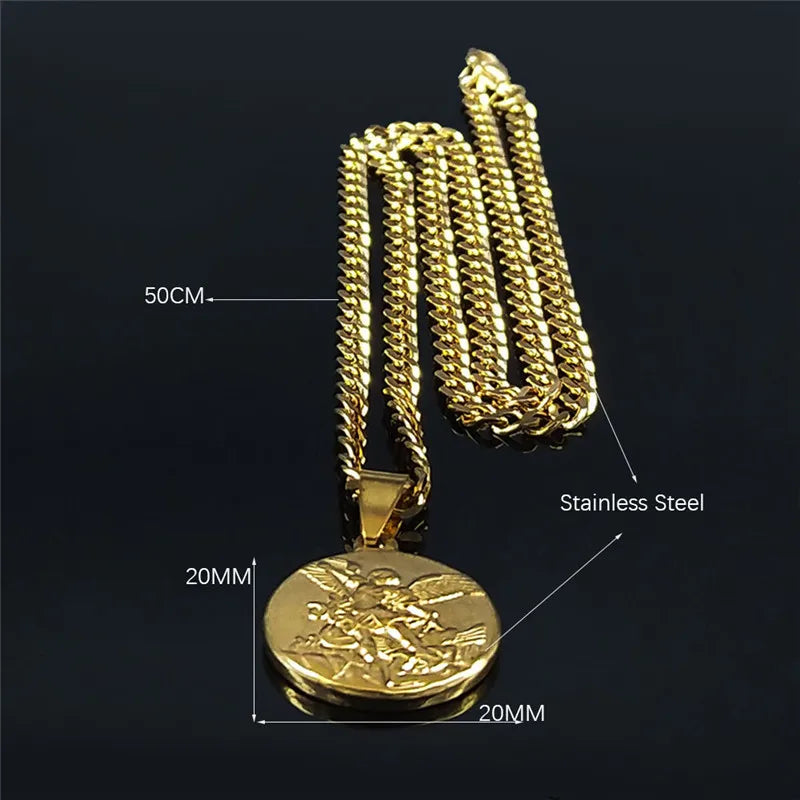 Archangel Saint Michael Stainless Steel Necklace - Gold Pendant - Unisex Religious Jewelry.