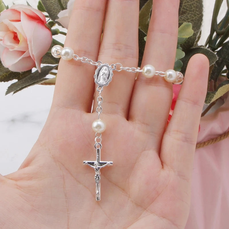Chain Rosary - Finger Baptism Rosaries Faux Pearls - Bracelet for Baptism Christening