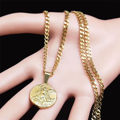 Archangel Saint Michael Stainless Steel Necklace - Gold Pendant - Unisex Religious Jewelry.