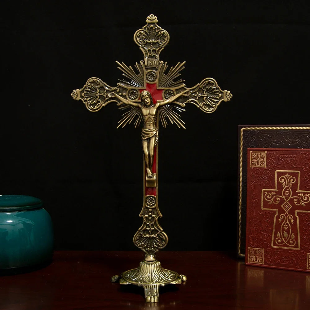 Exquisite Catholic Cross Church Ornament – Handcrafted Alloy Statue of Jesus – Perfect Home & Room Decoration