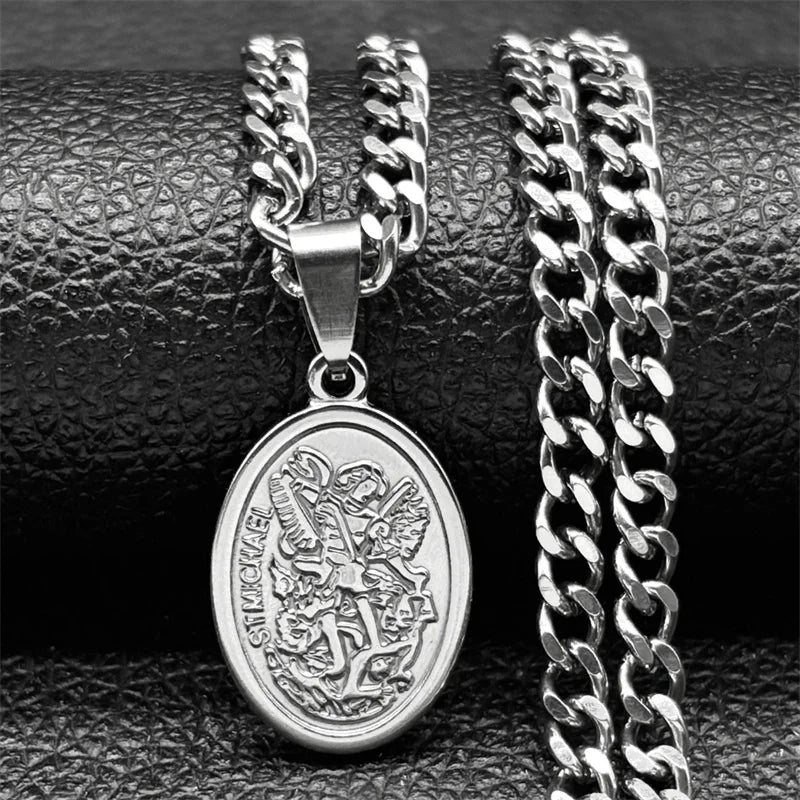 Archangel Saint Michael Stainless Steel Necklace - Gold Pendant - Unisex Religious Jewelry.