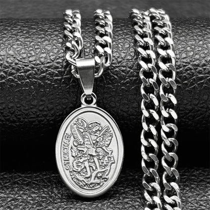 Archangel Saint Michael Stainless Steel Necklace - Gold Pendant - Unisex Religious Jewelry.