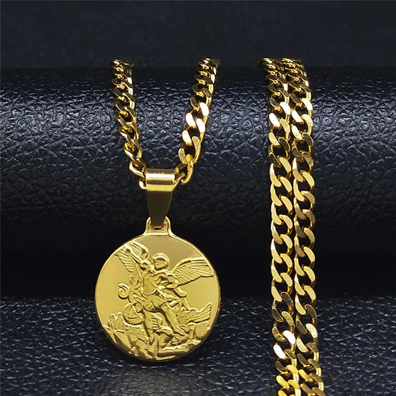 Archangel Saint Michael Stainless Steel Necklace - Gold Pendant - Unisex Religious Jewelry.