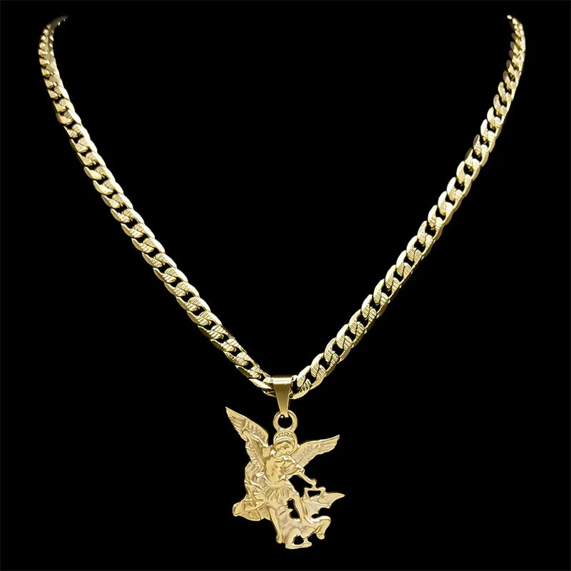 Archangel St. MICHAEL PROTECT US Gold Choker Necklace - Archangel Prayer Stainless Steel Pendant (Unisex Religious Jewelry)