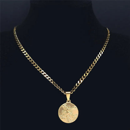 Archangel Saint Michael Stainless Steel Necklace - Gold Pendant - Unisex Religious Jewelry.