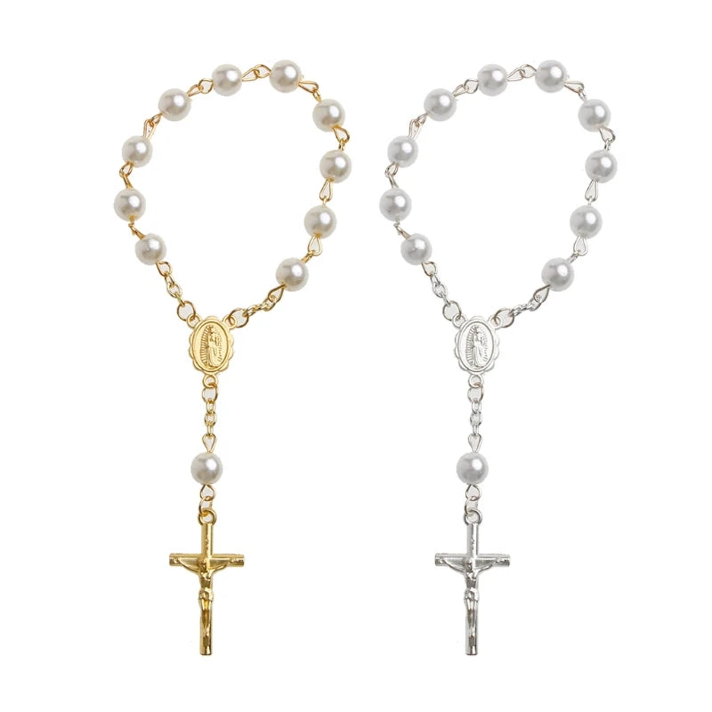 Chain Rosary - Finger Baptism Rosaries Faux Pearls - Bracelet for Baptism Christening