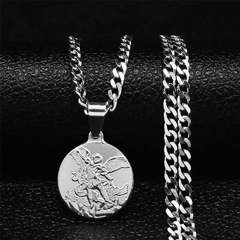 Archangel Saint Michael Stainless Steel Necklace - Gold Pendant - Unisex Religious Jewelry.