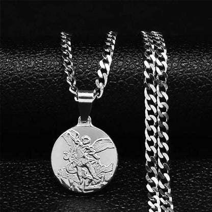 Archangel Saint Michael Stainless Steel Necklace - Gold Pendant - Unisex Religious Jewelry.
